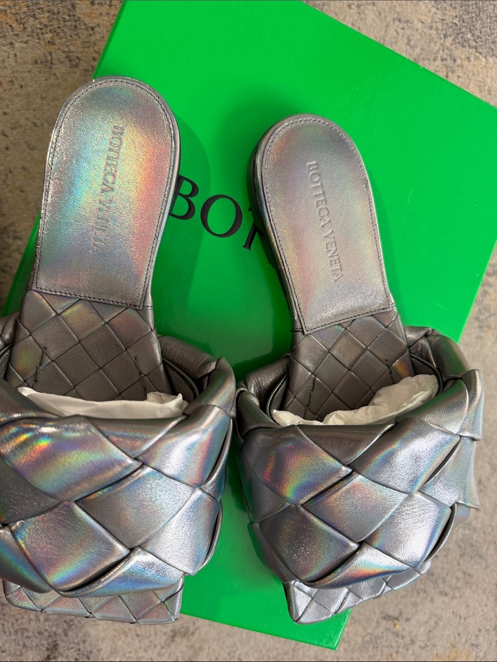 Bottega Veneta Iridescent Silver Padded Slide Mules